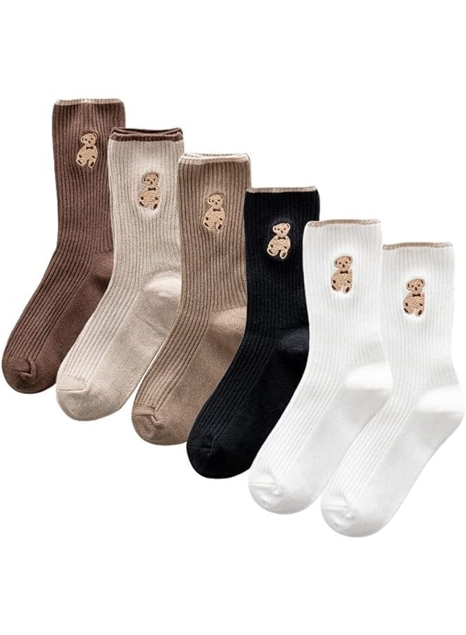 ChicAbode 6 Pairs Women Cute Socks, Fashion Cotton Breathable Socks,Japanese Style Cute Bear Embroidery Casual Girls Sweet Socks - Image 1